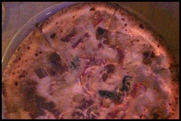 speck, caramelized onions, gorgonzola and basil